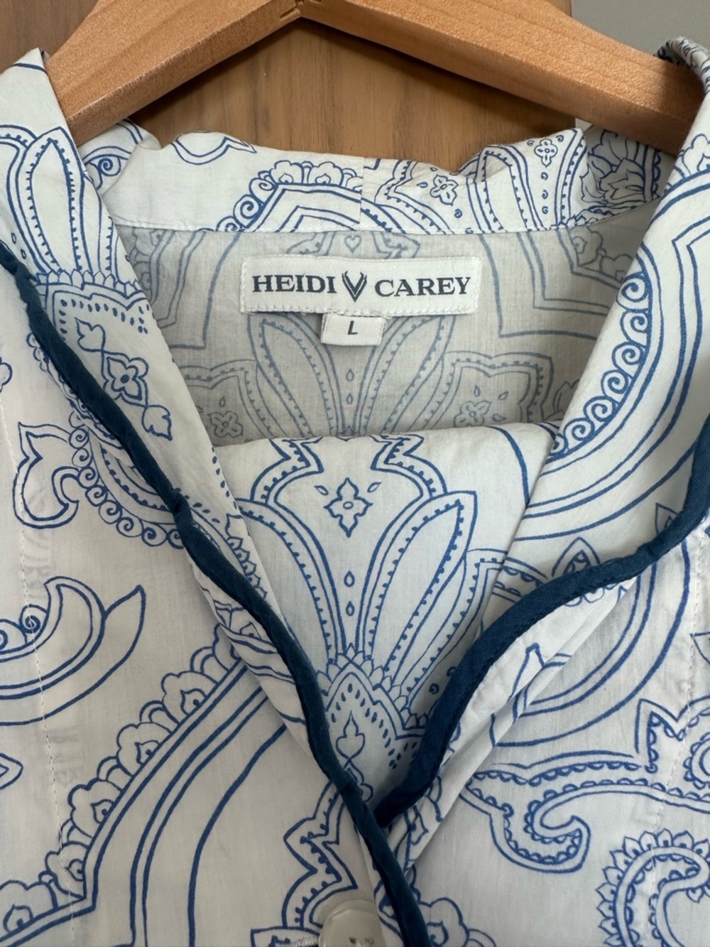 Heidi Carey Blue Paisley Pajama Set Scalloped Trim 100% Cotton Large - Picture 2 of 4
